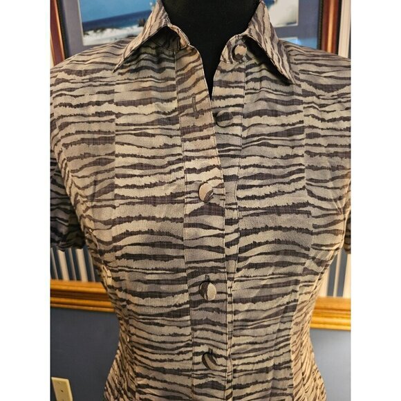 Papell Petites Gray Striped Animal Print Short Sleeve 100% Silk Dress, Size 2P - Picture 2 of 5